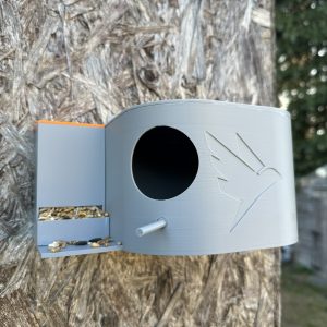 modern birdhouse with feeder